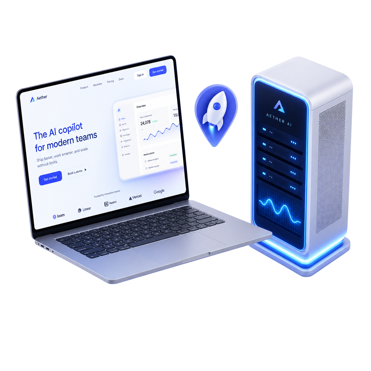 Modern website next to a private AI server